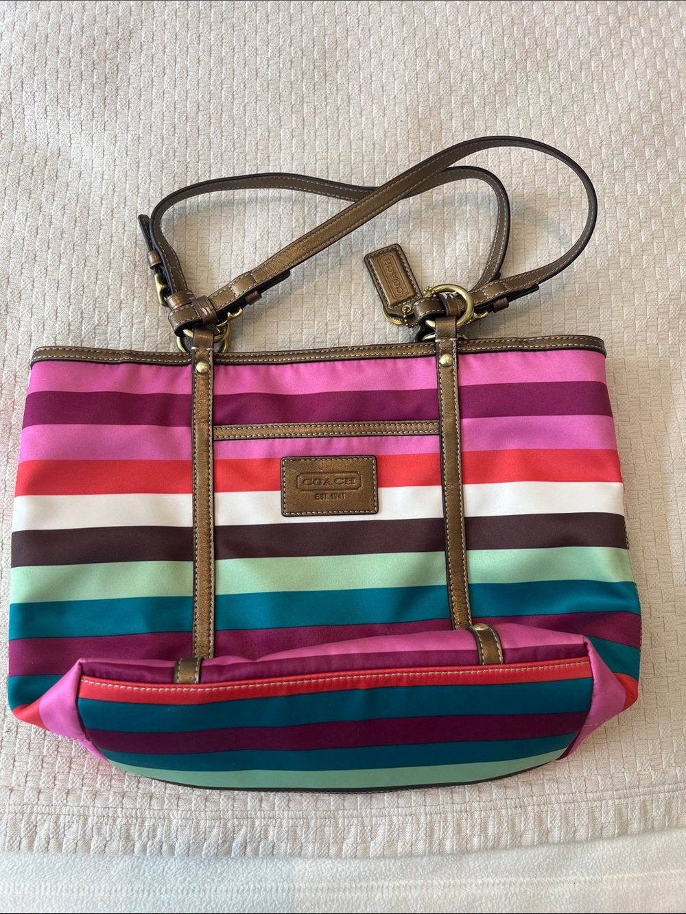 Coach Striped Canvas Tote - Pink, Teal, Brown